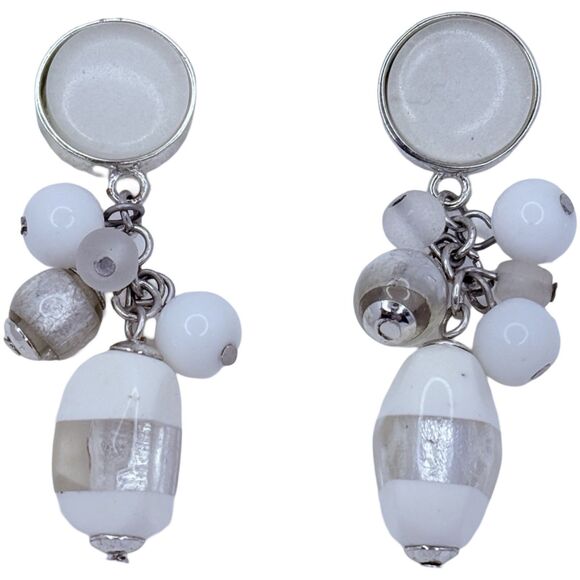 White Art Glass Beaded Cluster Dangle Drop Earrings 2" Silver Tone Trendy - Picture 1 of 10